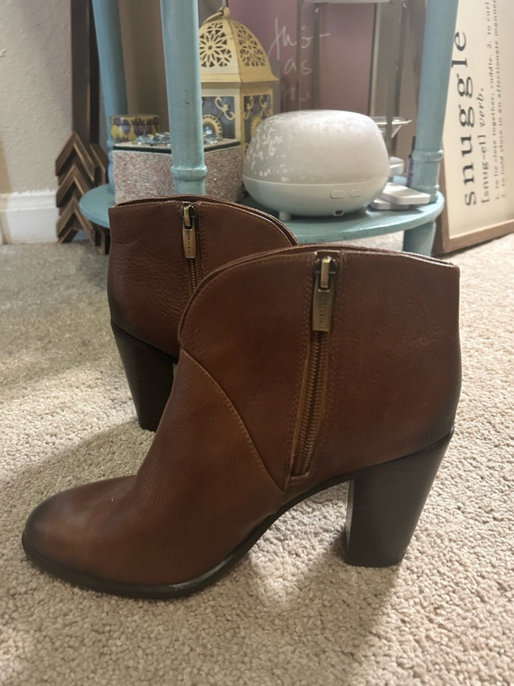 Vince Camuto Franell cognac leather ankle booties featuring a side zipper 6